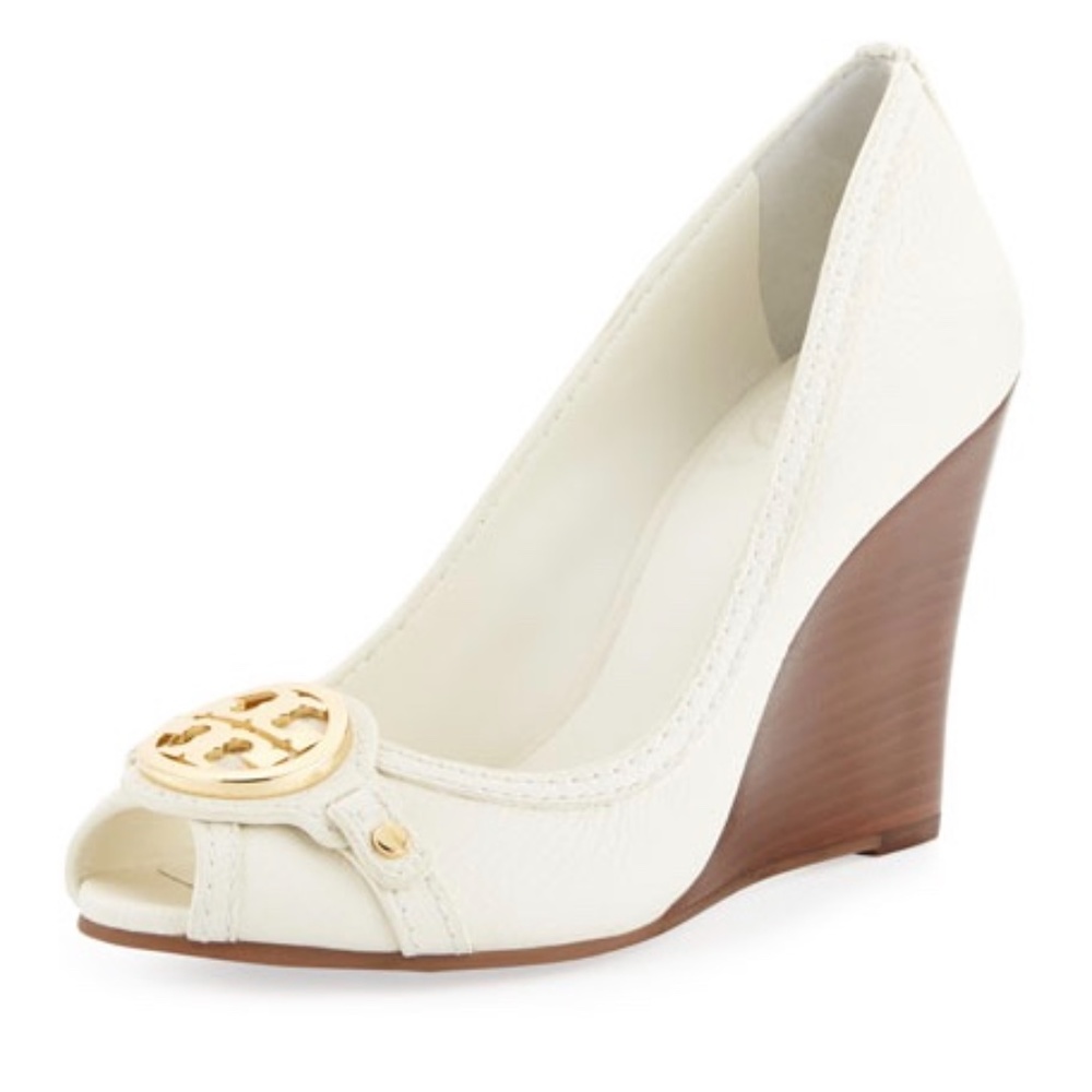 TORY BURCH~leticia~LEATHER PEEP-TOE~MID-HEEL WEDGE